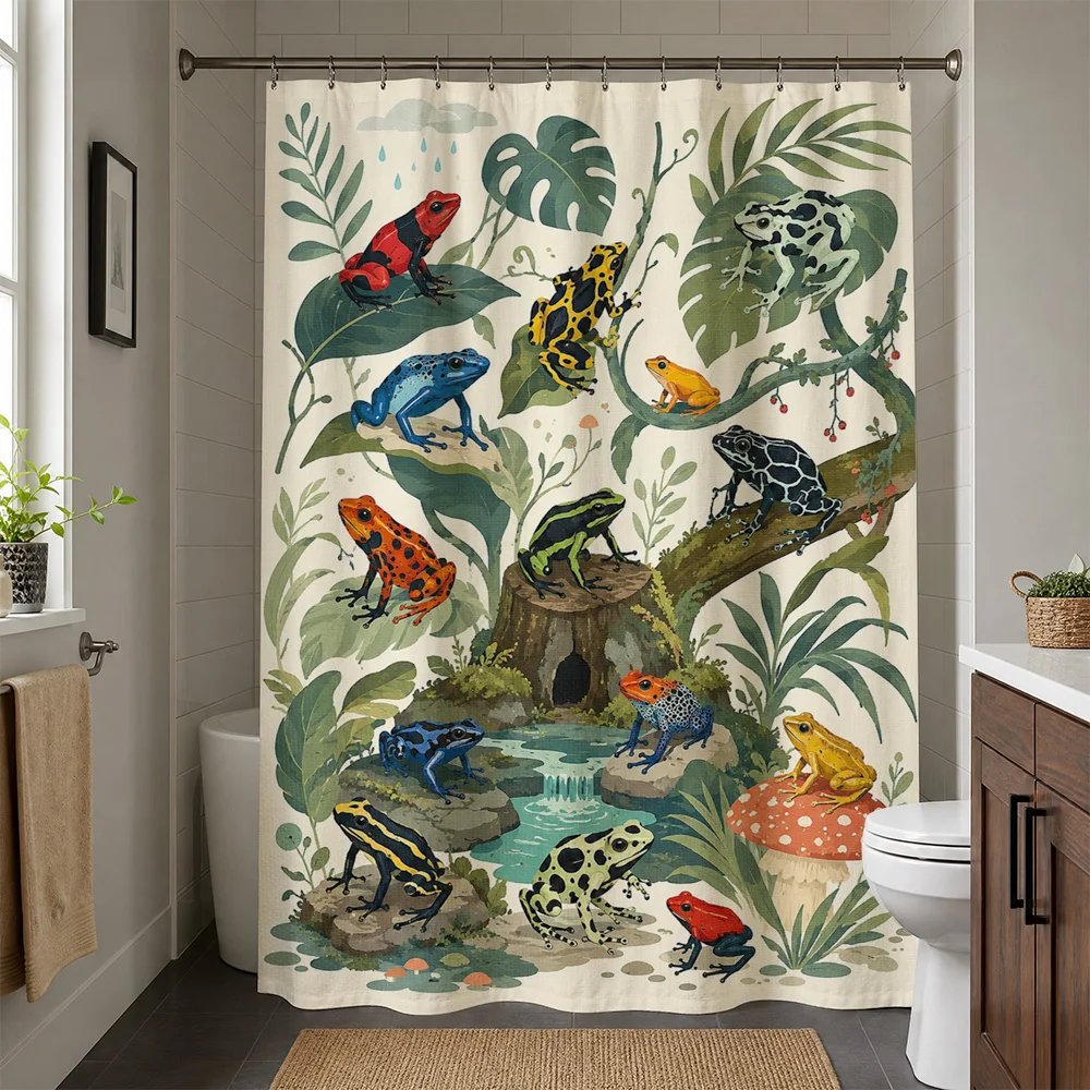 Tropical Rainforest Pond Scene Shower Curtain Jungle Animals Lizard Frog Green Bathroom Decor
