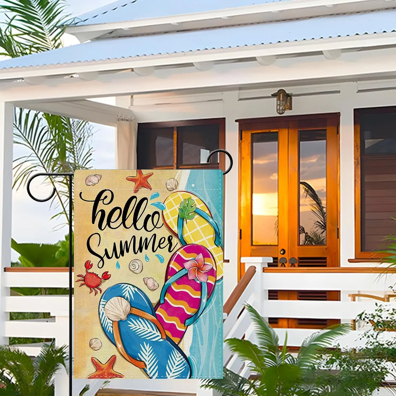 Dyrenson Hello Summer Beach Flip Flops Decorative Garden Flag, Coastal Sea Crab Starfish Conch Yard Outside Home Decoration, kkz