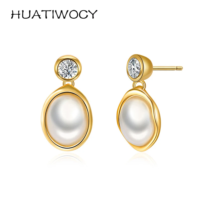 

HUATIWOCY New Pearl Zircon Gemstone Drop Earrings 925 Silver Jewelry Accessories for Women Wedding Engagement Party Promise Gift