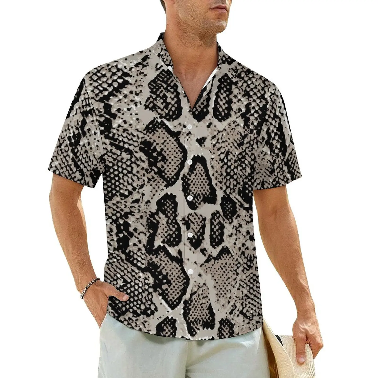 

Grey Snakeskin Hawaiian Shirt For Men Beach Animal Print Casual Shirts Short-Sleeve Y2K Funny Graphic Trendy Oversize Blouses