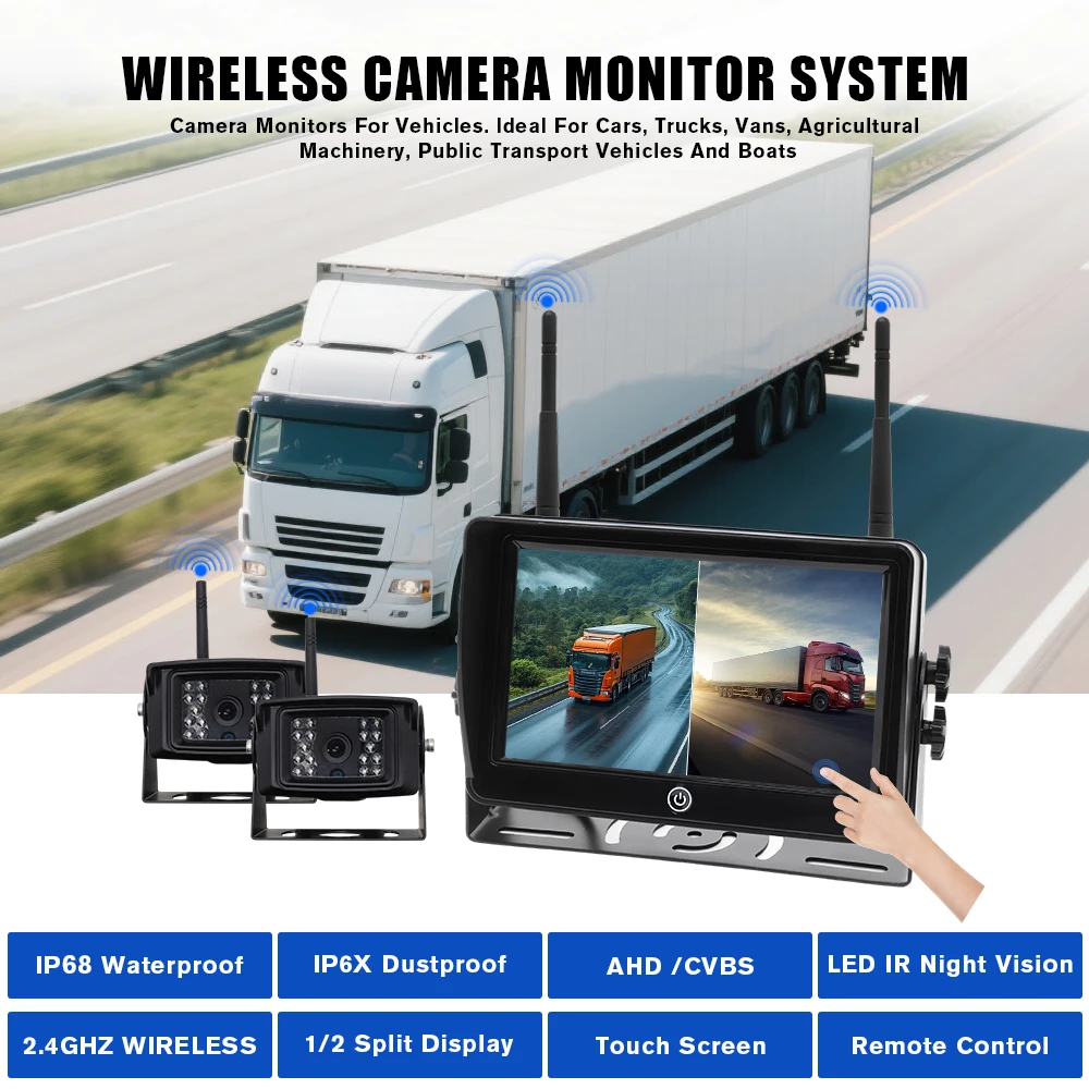 Wireless Backup Camera System 7 Inch  Touch Screen AHD 1080P DVR Recorder 4 Split View for Truck Trailer