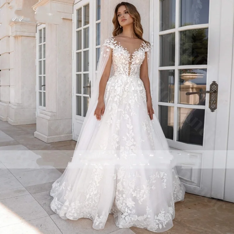 

Romantic Customized V-Neck Wedding Dress Tulle Applique A-Line Sleeveless Court Train Backless Bride Dress Vestido De Noiva