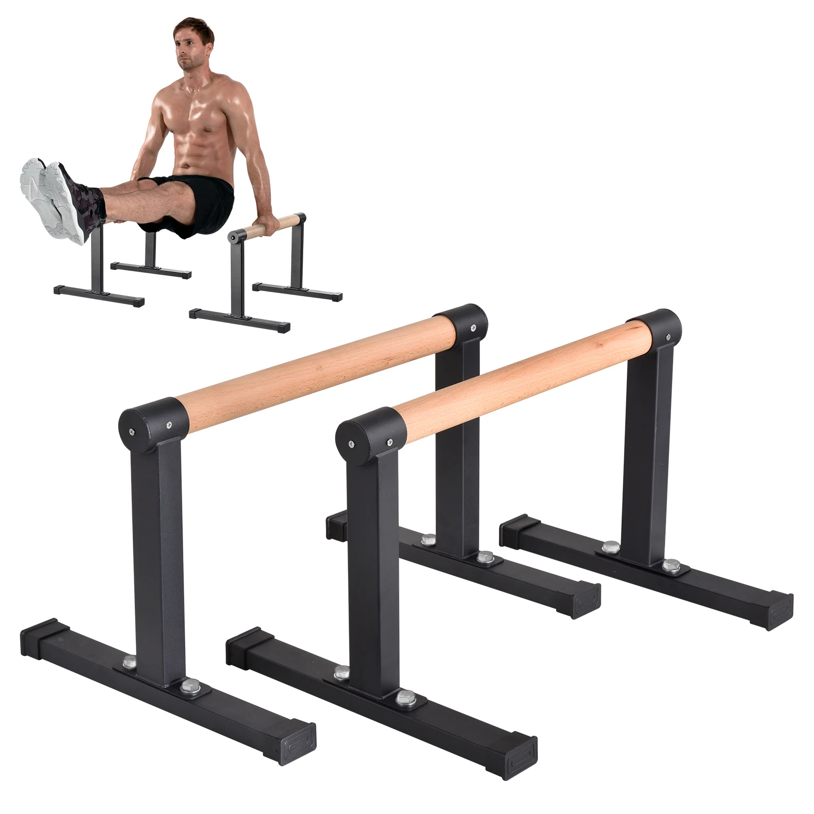 Image of Holz-Liegestützgriffe Set, 2 Stück Rutschfeste Handstand-Stangen, Parallettes für Calisthenics und Liegestütz-Workouts, Massivholzgriffe mit Metallrahmen, Tragkraft 200 kg