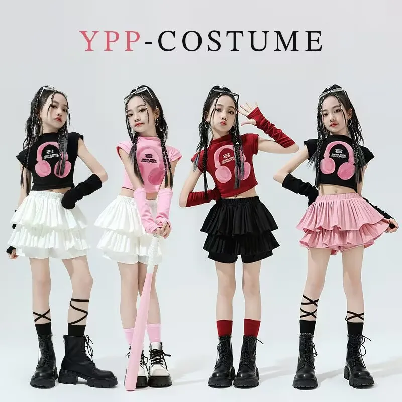 Kids Hip Hop Crop Top Street Dance Gauze K-pop Plaid Skirts Girls Streetwear Children Jazz Cheerleader Costumes Clothes Sets