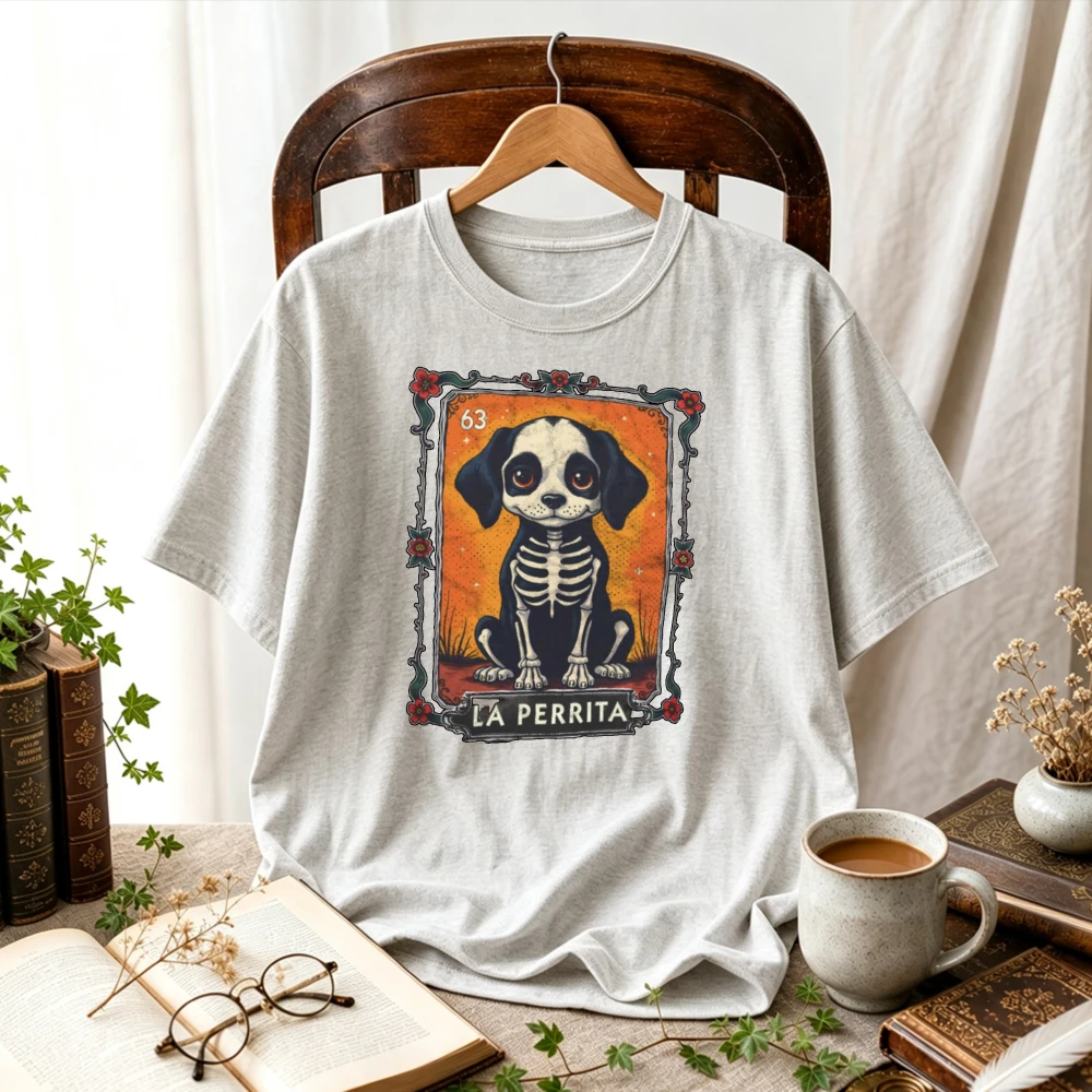 La Perrita Skeleton Dog Tarot Card Dia De Los Muertos Retro Vintage Mexican Folk Art Graphic Cotton T‑Shirt Casual Holiday Tops