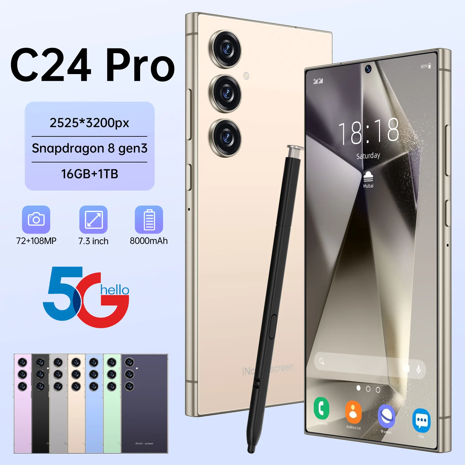 Hot New C24pro Smart phone 7.3 inch Full Screen 4G/5G Snapdragon 16GB+1024GB Mobile Phones Global Version Celulares Unlocked