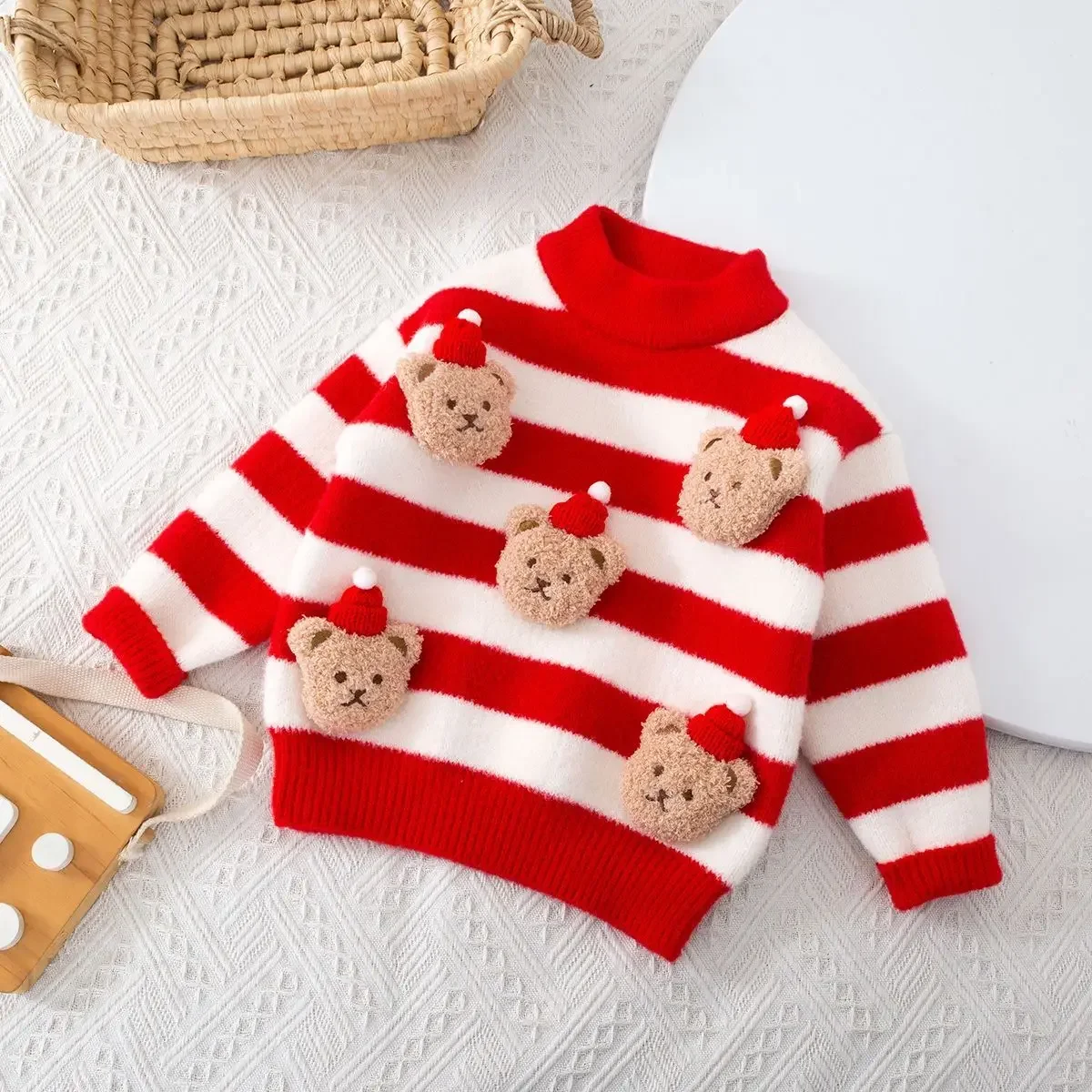 

Boys Girls Red Sweater Baby Winter Thick Cartoon Teddy Bear Stripe Knitted Sweater Children's Christmas New Year Clothes 18M-11Y