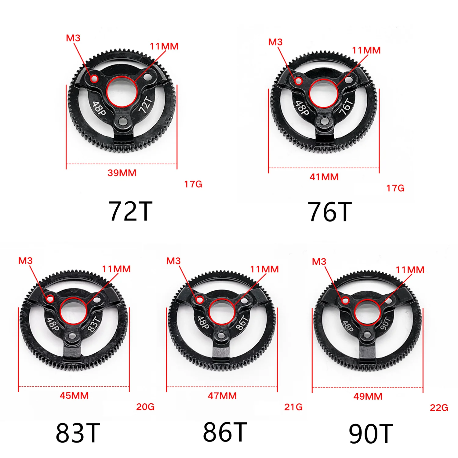 Gehärtetes Stahlzahnrad 48P Stirnrad 72T 76T 83T 86T 90T für Traxxas Slash 2WD VXL Bandit Rustler Stampede Drag Slash Upgrade-Teile – Detail 2