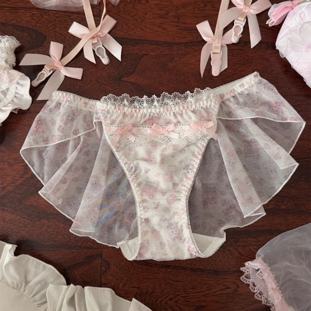 Atmungsaktive Kawaii-Spitzen-Schleifen-Slips mit Baumwoll-Zwickel, niedriger Bund, Lolita-Stil, bequeme, süße Rüschen-Slips für den Alltag, Mädchen – Detail 8