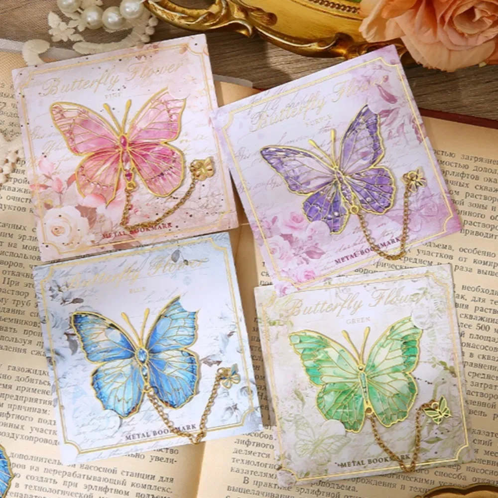 1Pc Cute Butterfly Metal Bookmark Colorful Bronzing Bookmark With Chain Gifts For Book Lovers Readers Writers Friends Adults