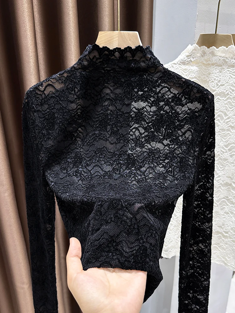 

Сексуальный кружевной топ с вырезами и длинными рукавами, с высоким воротником, женская осенне-зимняя новинка, элитный базовый топ класса люкс