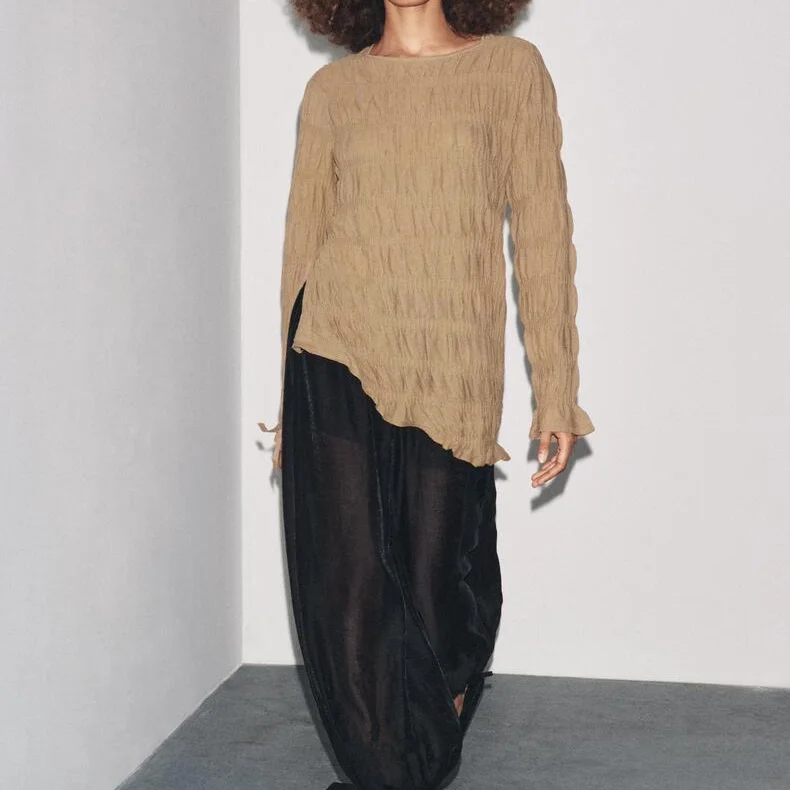 Faionable Gestrickte Lange Sve Runde Ne Plissee Damen Top Mit Gürtel Lässig Lose Polyester Faser Atmungsaktiv Bequem