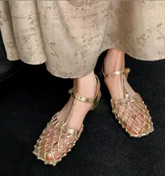 French Retro Hollowed Out Mesh Sandals Women Fashion Square Toe Sandals For Women Back Hollow Buckle Strap Flat Shoes Summer