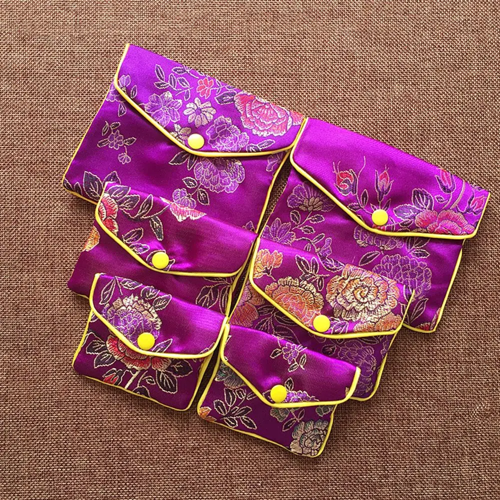 

Chinese Brocade Handmade Silk Embroidery Padded Zipper Small Jewelry Gift Storage Pouch Bag Snap Case Satin Coin Purse