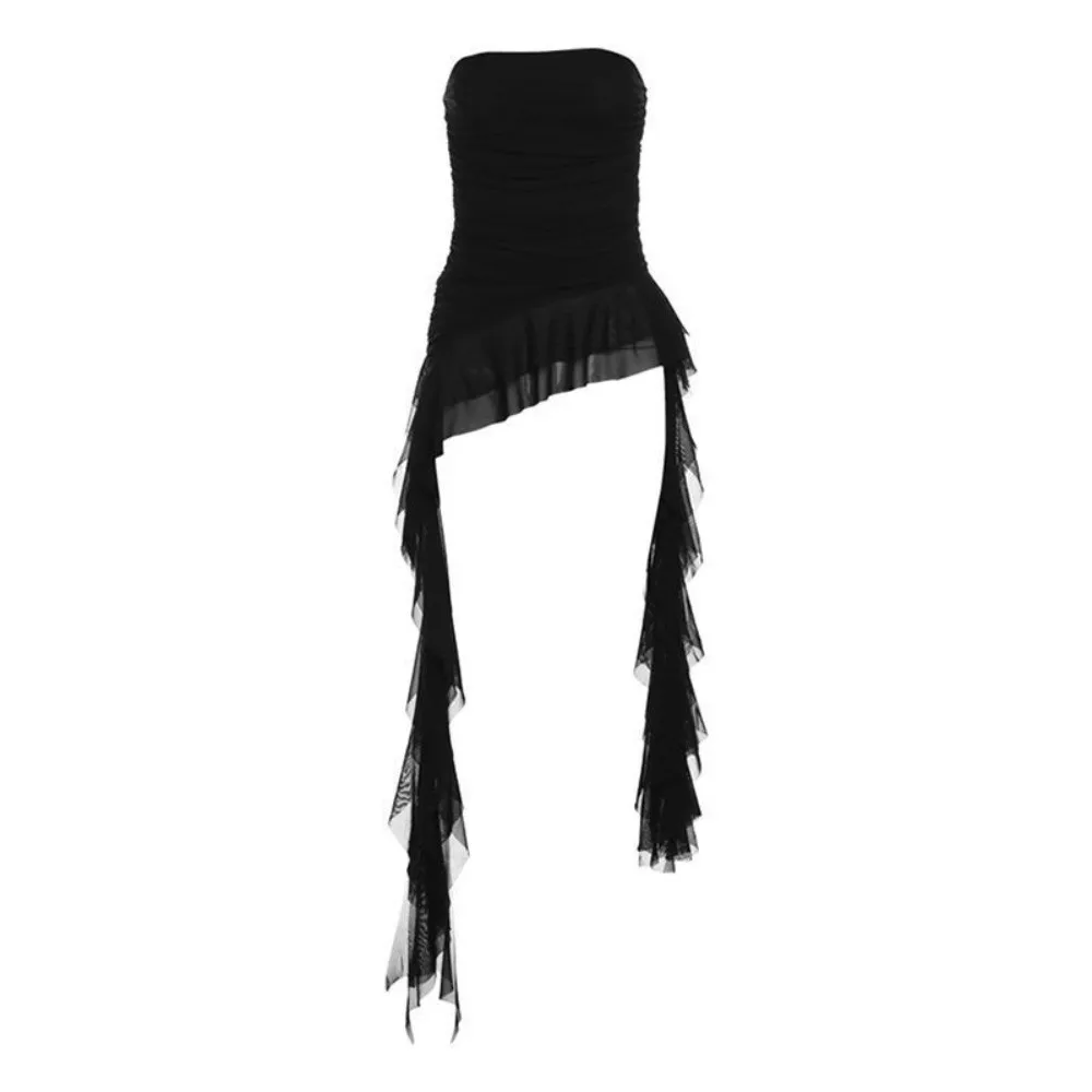 Fashion Stretchy Irregular Ruffle Dress Tassel Design Ruched Style Tube Dress Elegant All-match Party Dress Summer Wear