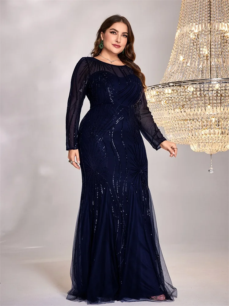 Lucyinlove Plus Size Elegant Long Sleeves Sequin Evening Dresses For Women Mermaid Formal Bridesmaid Party Maxi Prom Dress Gown