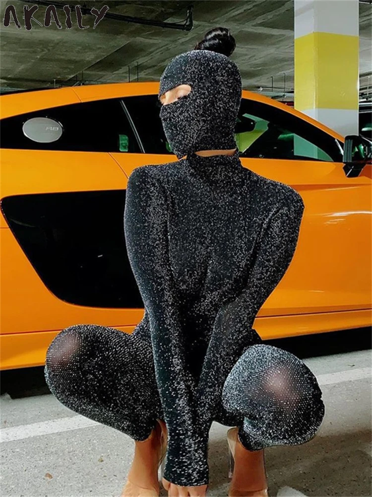 

Akaily, летняя мода, черный блестящий, Facekini, женский комбинезон, Клубная одежда 2024, водолазка с длинным рукавом и открытой спиной