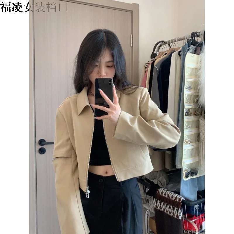 

Sweet and Spicy Style Khaki Short Early Autumn New Long Sleeve Thin High Waist Baseball