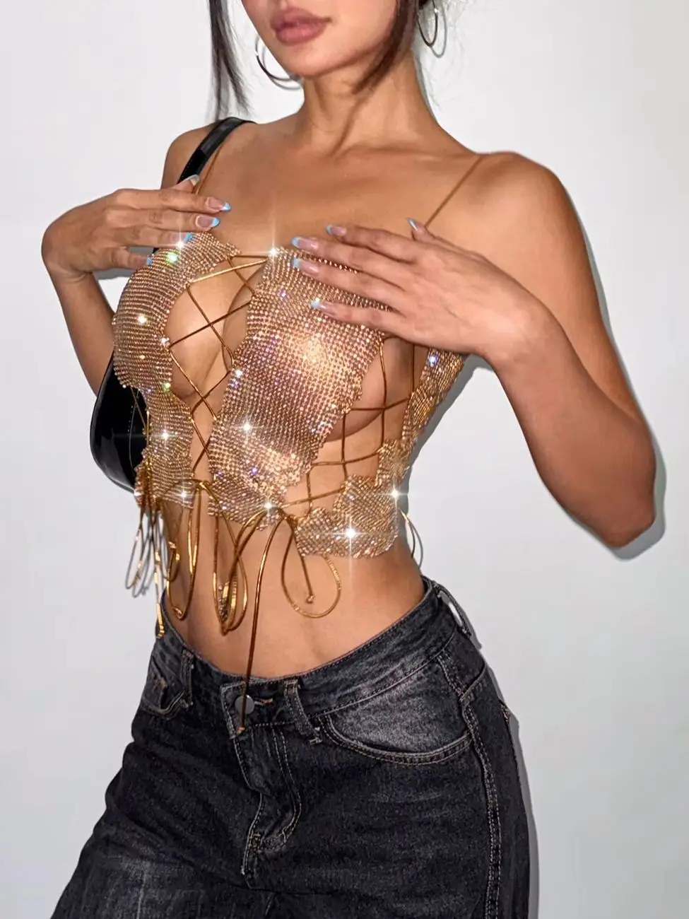 Women Metal Diamonds Tube Tops Sexy Backless Bandage Tassel Sleeveless Camisole Fashion Nightclub Party Tank Top 2025 New