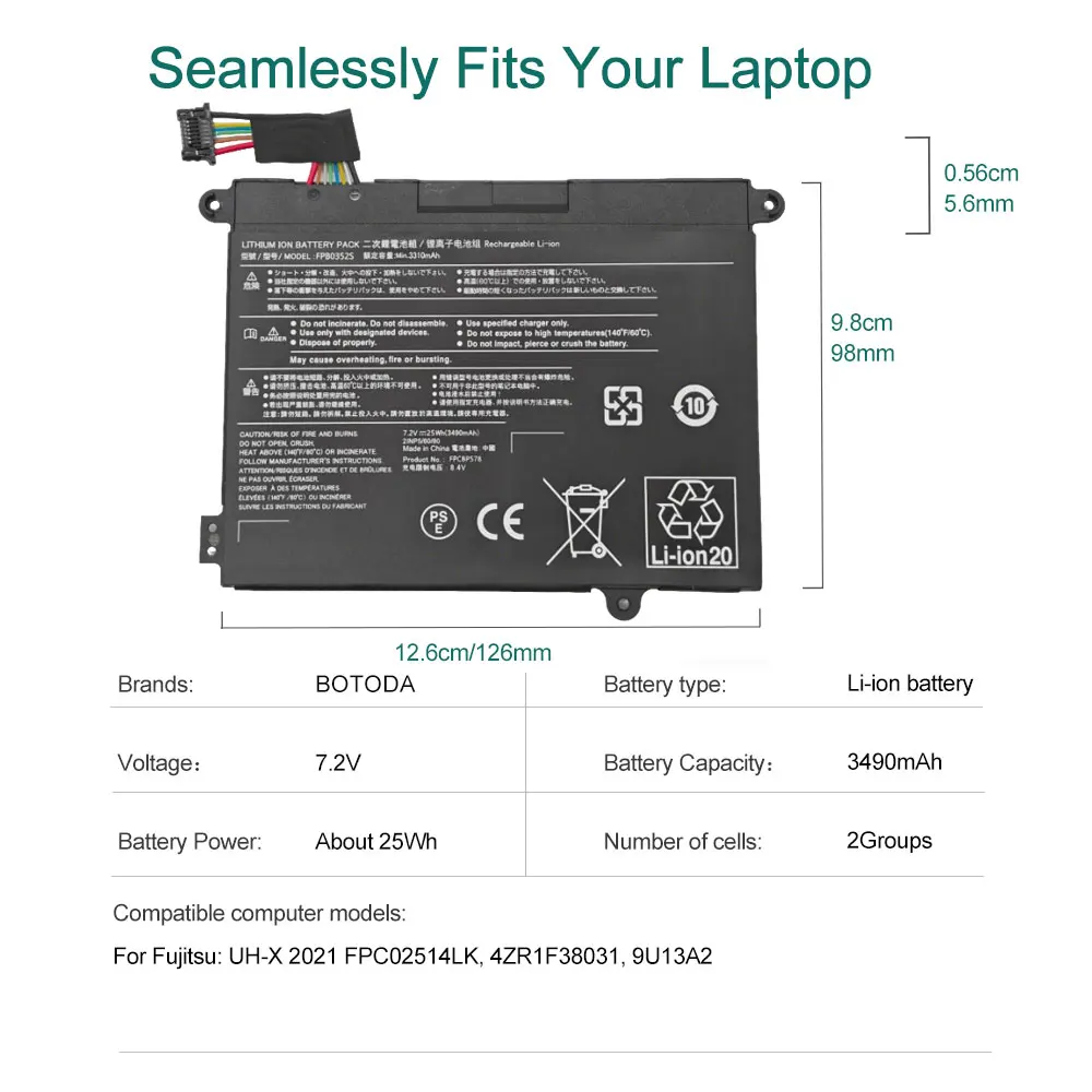BOTODA 7.2V 25Wh 3490mAh FPCBP578 FPB0352S Laptop Battery Suitable for Fujitsu Lifebook UH-X 2021 FPC02514LK 4ZR1F38031 9U13A2