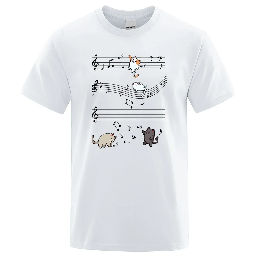 Music Cat Music Note Print Crew Neck T-Shirt Men\'s Hip Hop Oversized Summer Casual Men\'s 100 & Cotton Loose Street