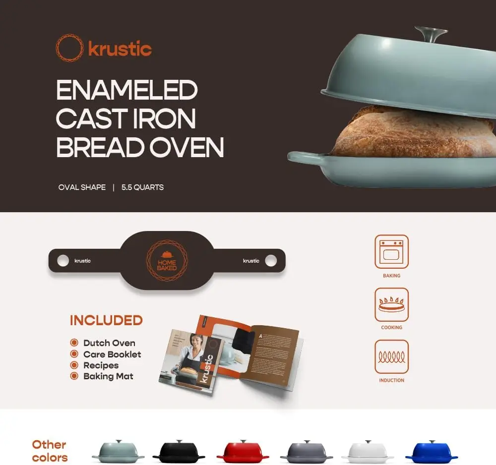 فرن هولندي من الحديد الزهر المطلي بالمينا لخبز العجين المخمر الاحترافي |   وعاء أواني طهي بيضاوي بحجم رغيف سعة 5.5 لتر مع غطاء |   الثلاثي-