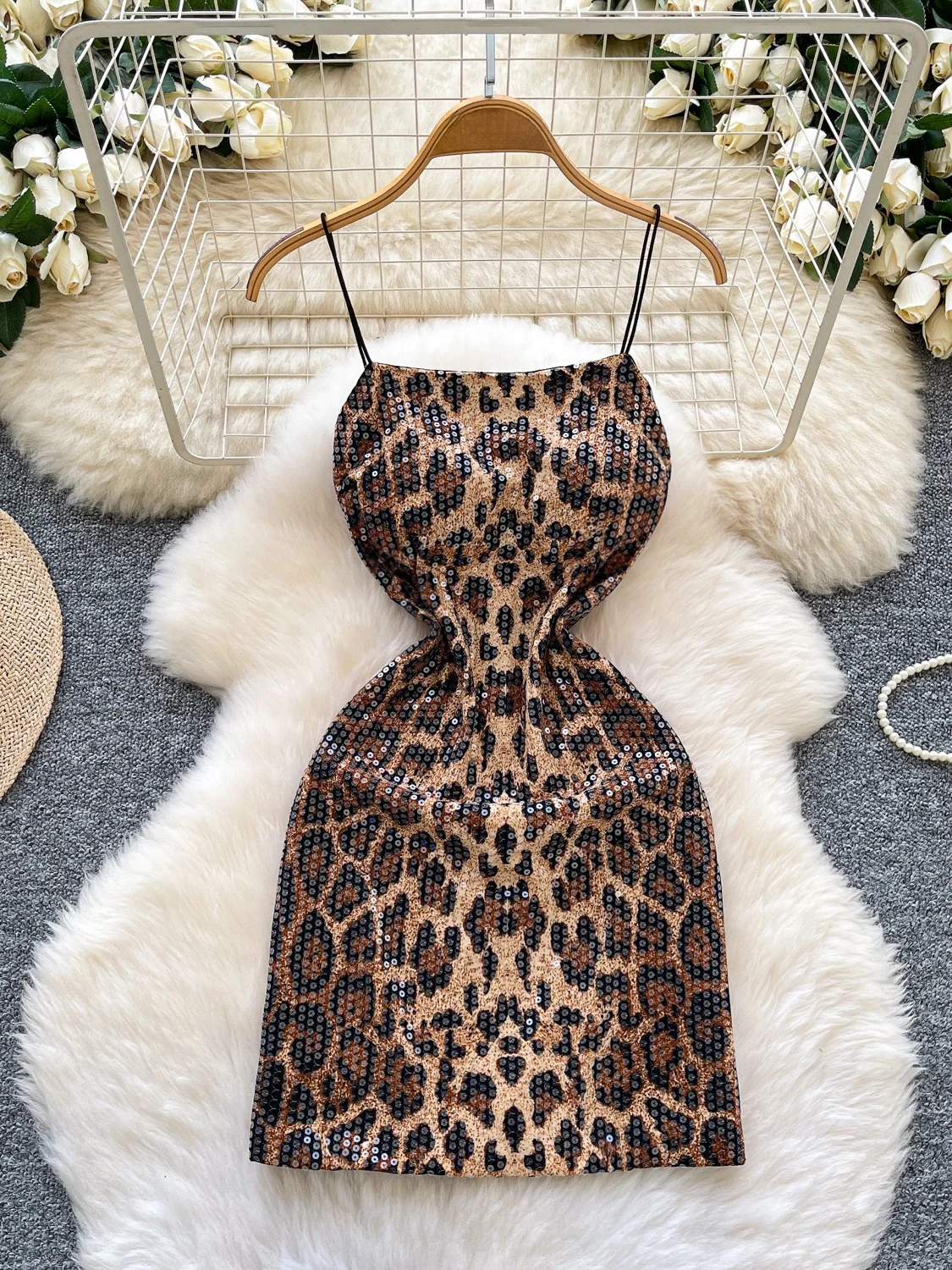 

Sexy Sparkling Leopard Print Dr Women's Slimming High Waist Wrap Body ort Skirt Glittering Strapl Ci Commute