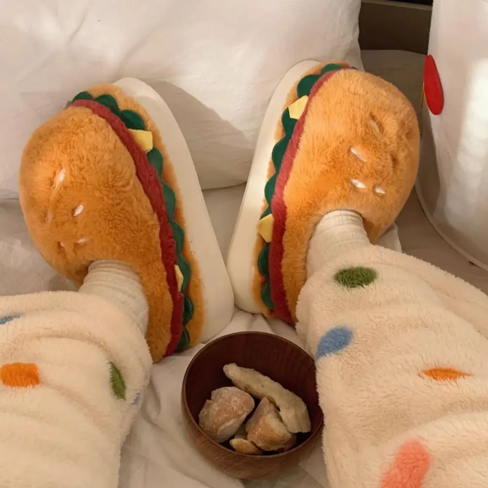 Creative Simulation Hamburger Slippers Funny Thick Sole Plush Hamburger Slippers Non-Slip Soft Bottom 3D Hamburger Slides Indoor