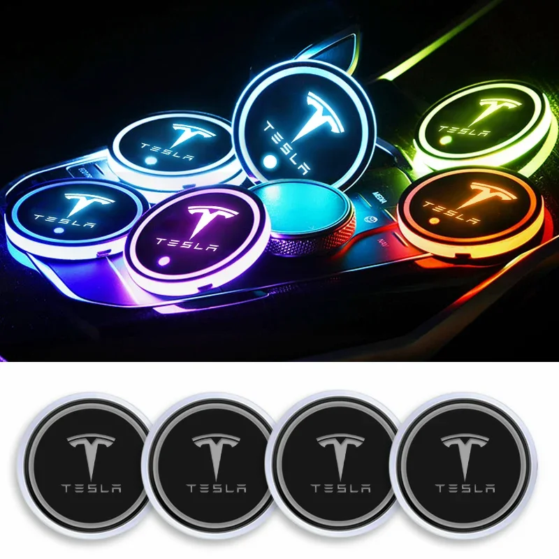 Car Logo LED Luminous Water Cup Coaster Colorful Anti-Slip Coaster Lamps For Tesla Model 3 Model X Y Style MODEL S ROADSTER 2021