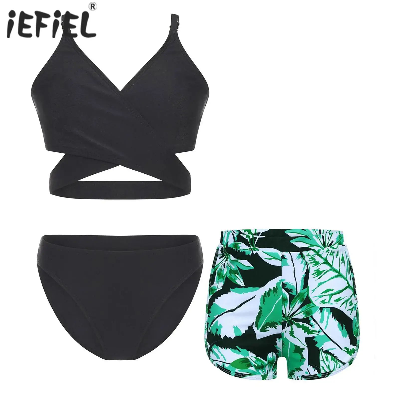 Kids Girls 3-Piece Swimsuit Swim Sets Bathing Suit Adjustable Straps Cross Bikini Bra with Briefs and Feather Printed Shorts