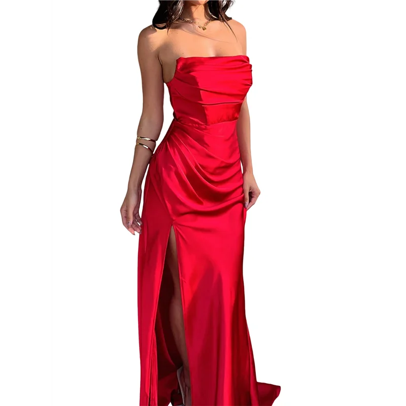 NUOVO-Abito da sera lungo formale aderente da donna elegante senza maniche con spalle scoperte