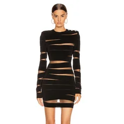 Women's New Autumn and Winter Long-sleeved See-through Mesh Irregular Hollow Niche Round Neck Hundred Casual Slim Fit Dress