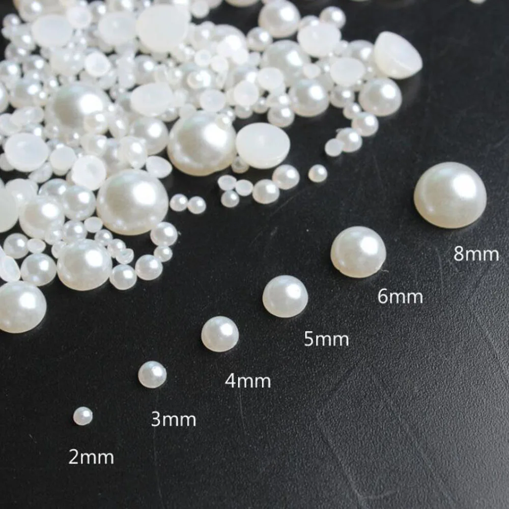 1000pcs/Bag White Gold Silver Pearls Half Round Pearl Nail Charm 3D Caviar Beads Manicure Supplies Flatback Pearl Mix Size Decor
