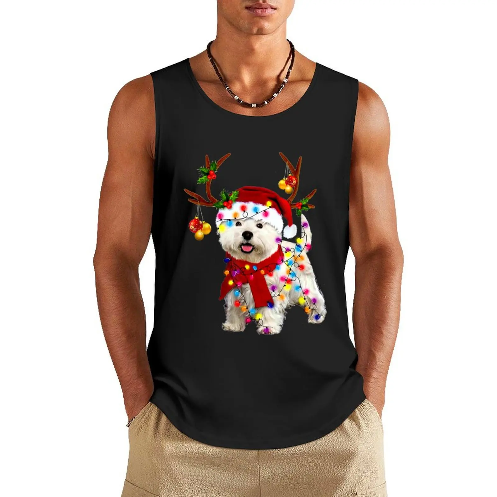 Santa westie dog gorgeous reindeer Light Christmas Tank Top Sports shirt man Bodybuilding clothing man gym shirts