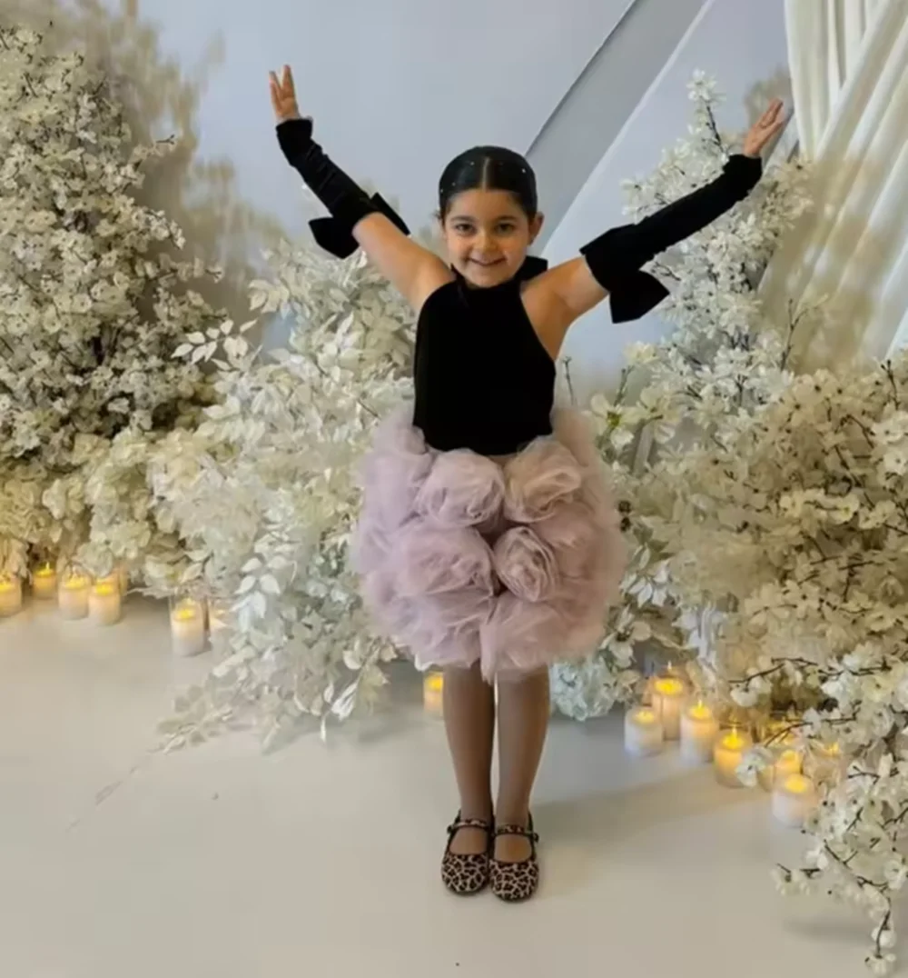 

Черное бархатное платье с цветочным узором для девочек на заказ на свадьбу, бальное платье с круглым вырезом и 3D цветами, 2025 год, тюлевое платье для дня рождения