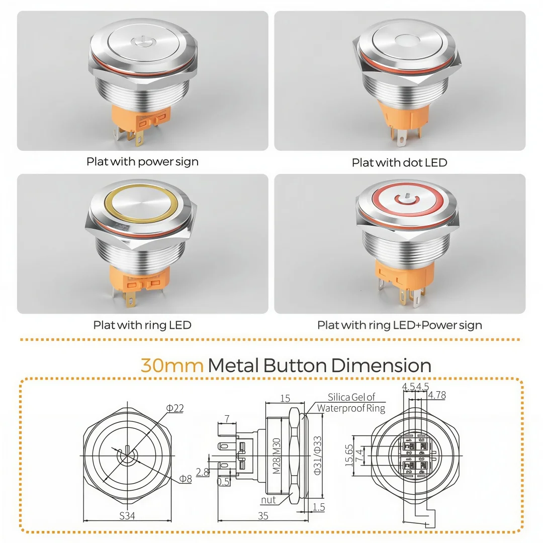 LANBOO 30mm Metal Push Button Switch With LED Momentary Or Latching Optional 1NO1NC 2NO2NC Waterproof Switch