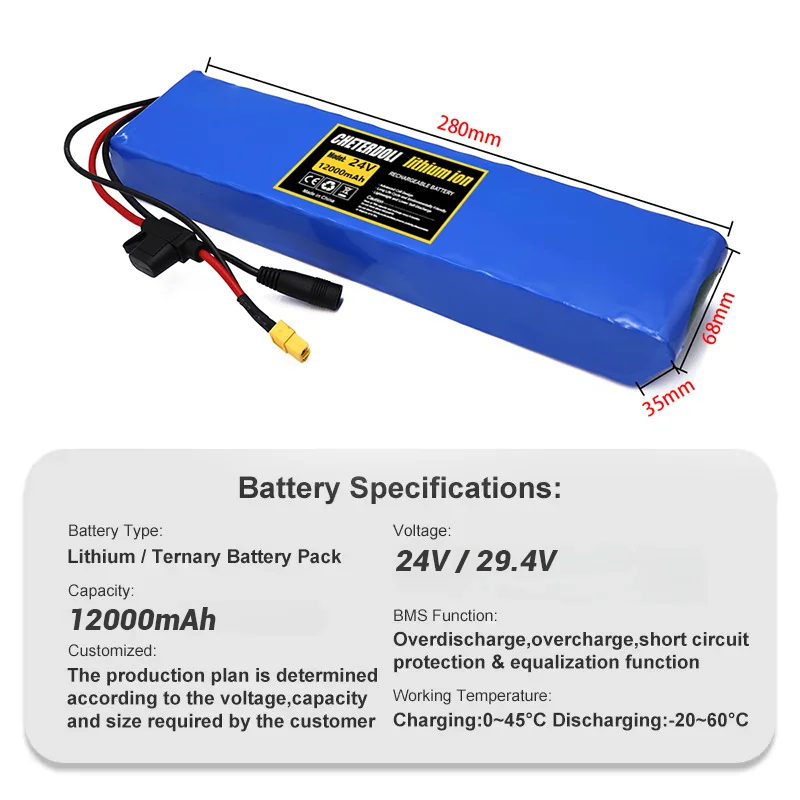 7S4P 24V 12000mAh 18650 Lithium Ion Battery Pack – Rechargeable with 15A BMS Fuse Holder & 29.4V DC Charger,Essential Spare Part