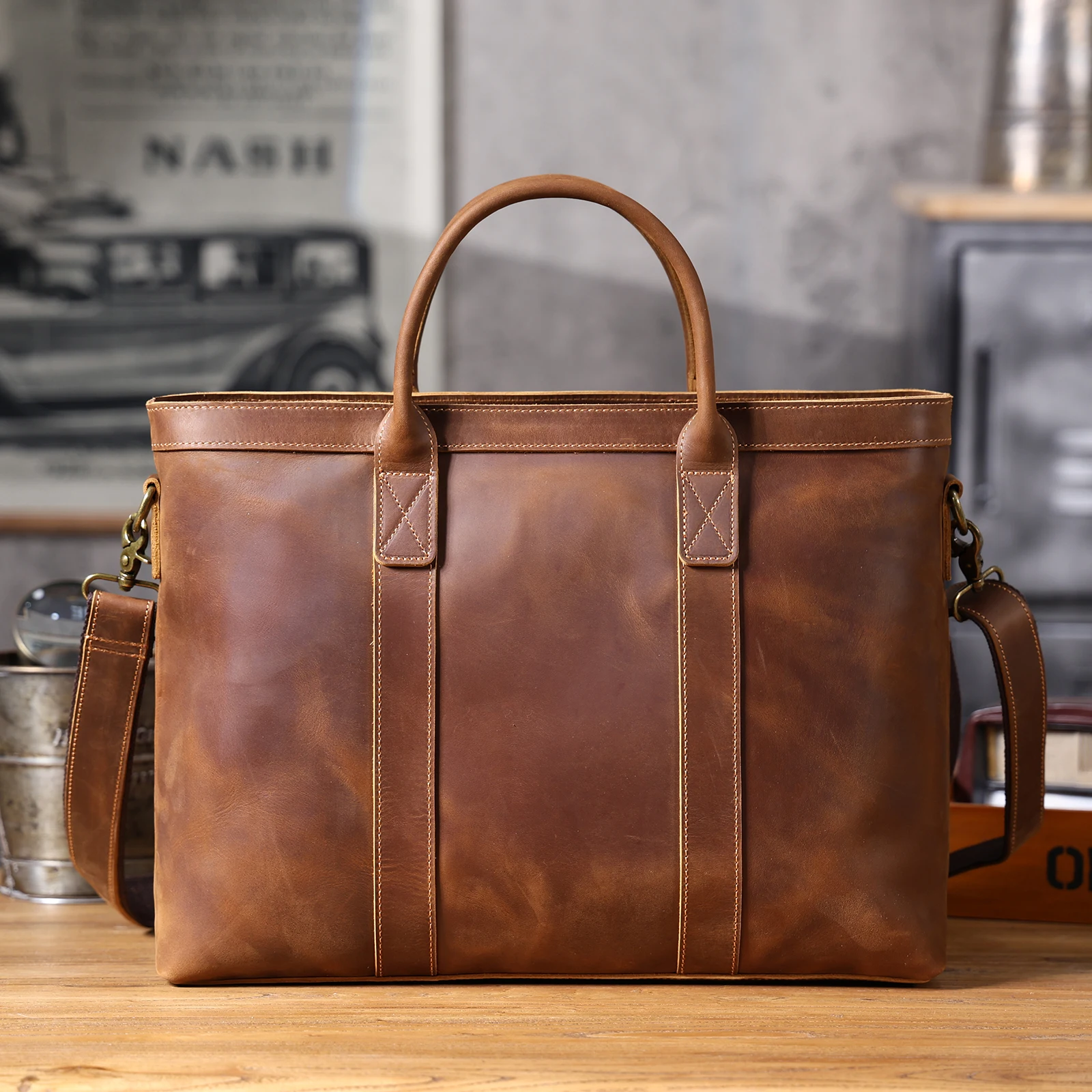 Vintage Echtleder Herren-Aktentasche 16 Zoll Laptop-Taschen Crazy Horse Leder Messenger-Handtasche Rindsleder Geschenkidee für Männer – Detail 11