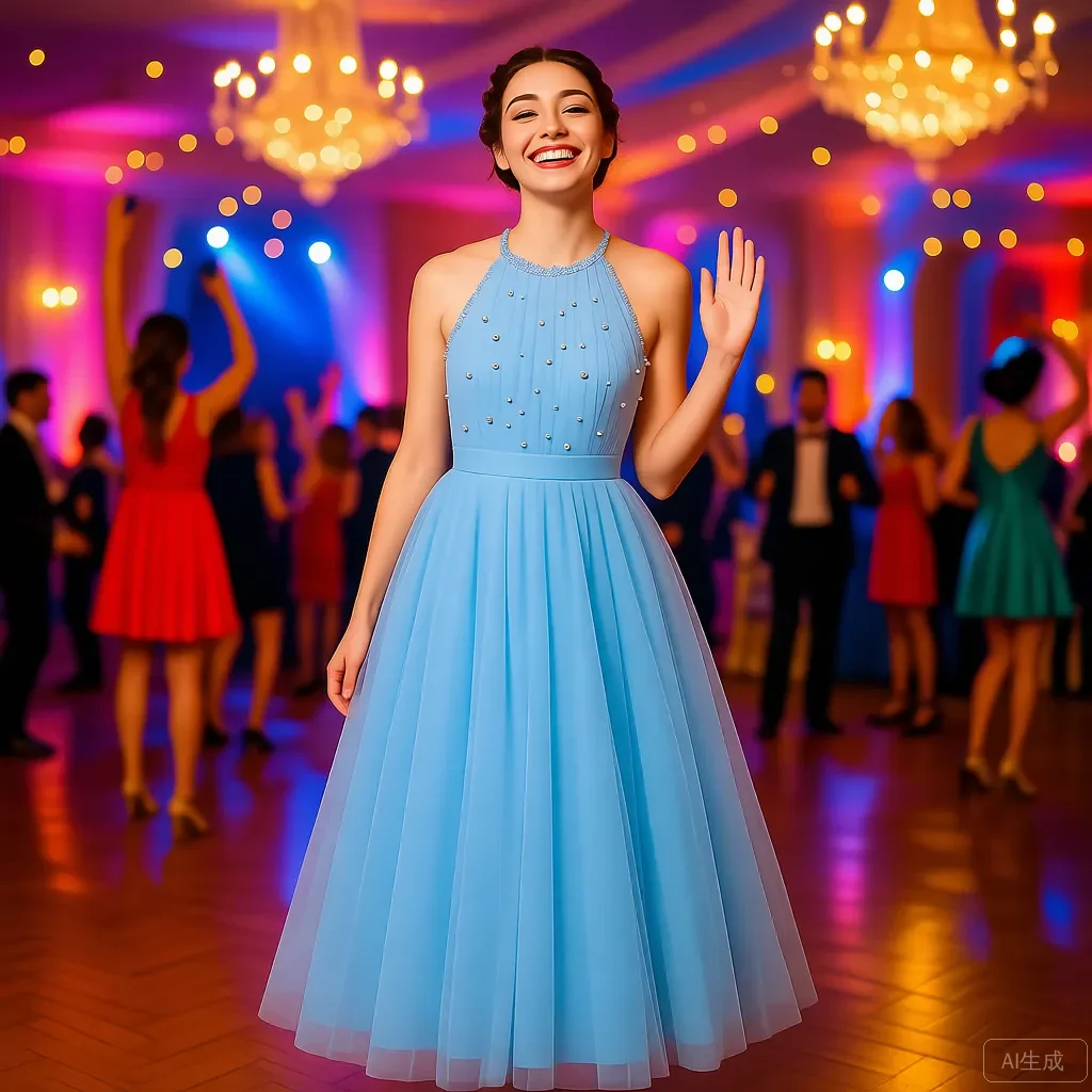 

FORMALS Halter Pearls A-line Midi Length Woman Clothes Light Blue Prom Dress Sleeveless Bridesmaid Dresses Ever Pretty