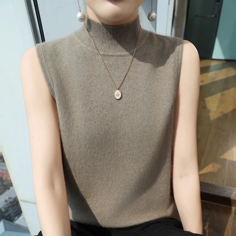 Chaleco de cuello medio alto tejido de Cachemira de visón 100% para mujer, suéter fino sin mangas para primavera y verano, jersey NUEVO chaleco