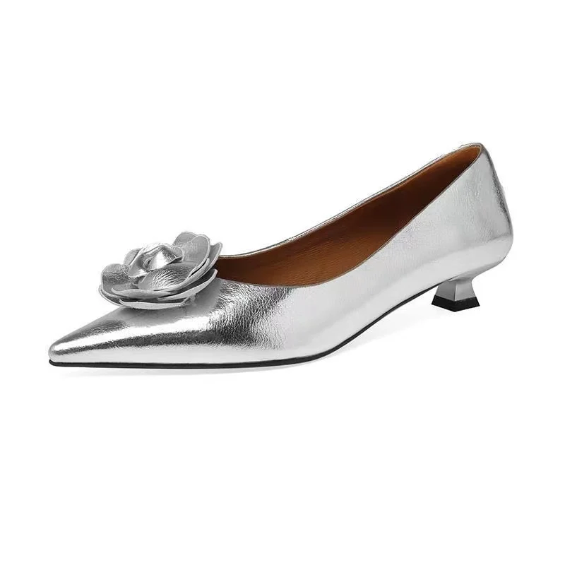 Women Shoes High Heels Loafers Elegant Woman Shoes Low Heels Wedding Bride Pointed Toe Silver Gold Rose Evening Party Shoes