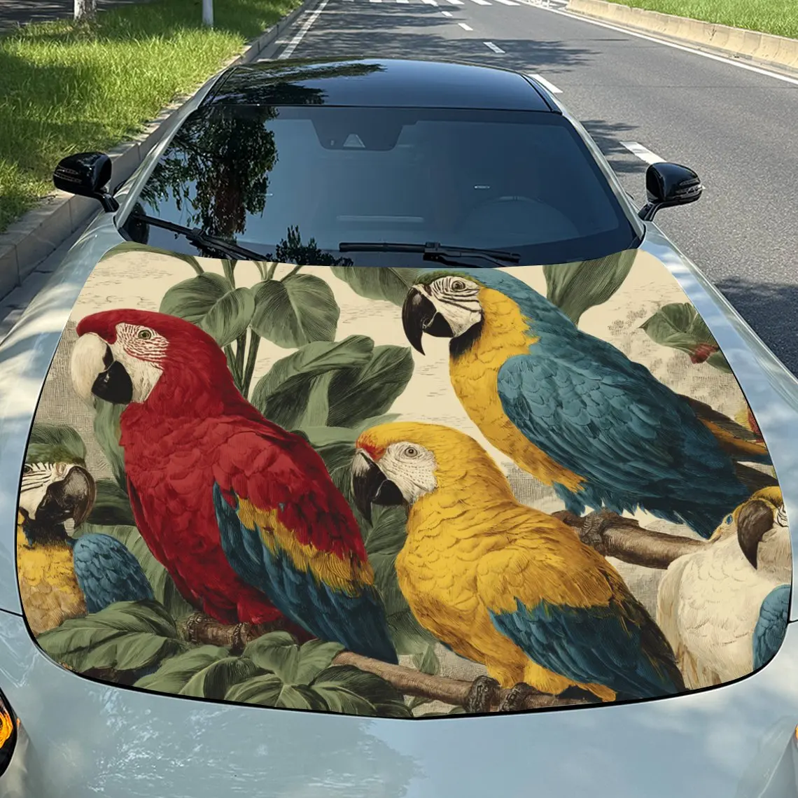 Car Decals Vibrant Colorful Parrots Perched Among Lush Green Leaves Car Hood Sticker, Waterproof Self - Adhesive Vinyl Graphics
