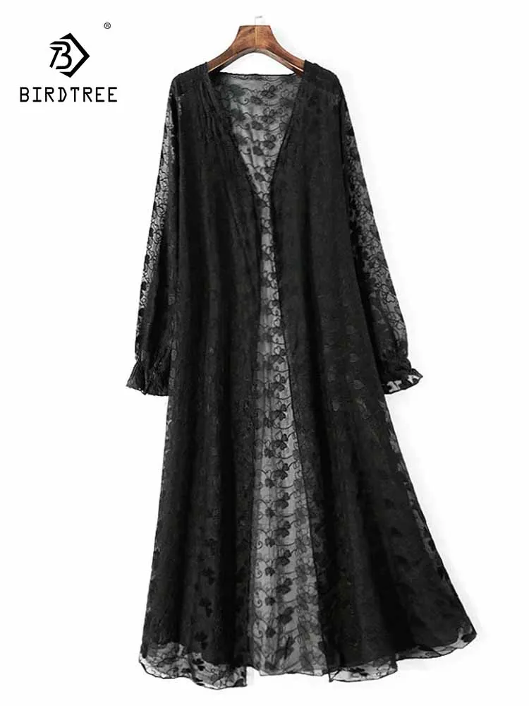 

BirdTree-Silk Elegant Long Sleeve Shawl, Women V Neck Embroidery, Retro Casual Loose Sunscreen Clothing, 2025 Summer C57660CC