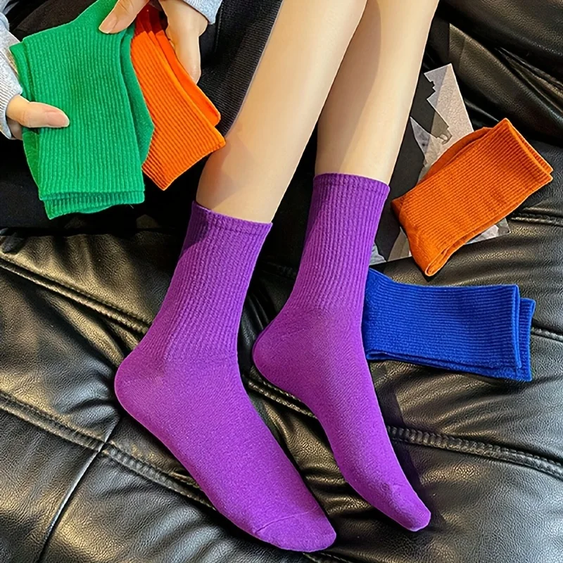 Random 10 Pairs of Solid Color Fashion Easy Individual Mid-Calf Socks Comfortable Breathable Versatile Women'S Socks