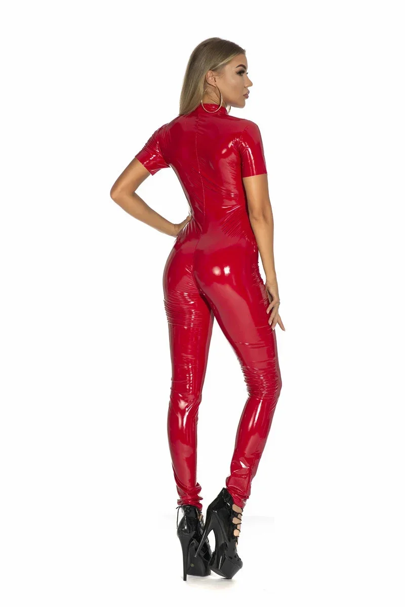 Donne Sexy PVC lattice Catsuit manica corta PU ecopelle tuta Zip con apertura sul cavallo tuta Clubwear costumi da festa S-5XL