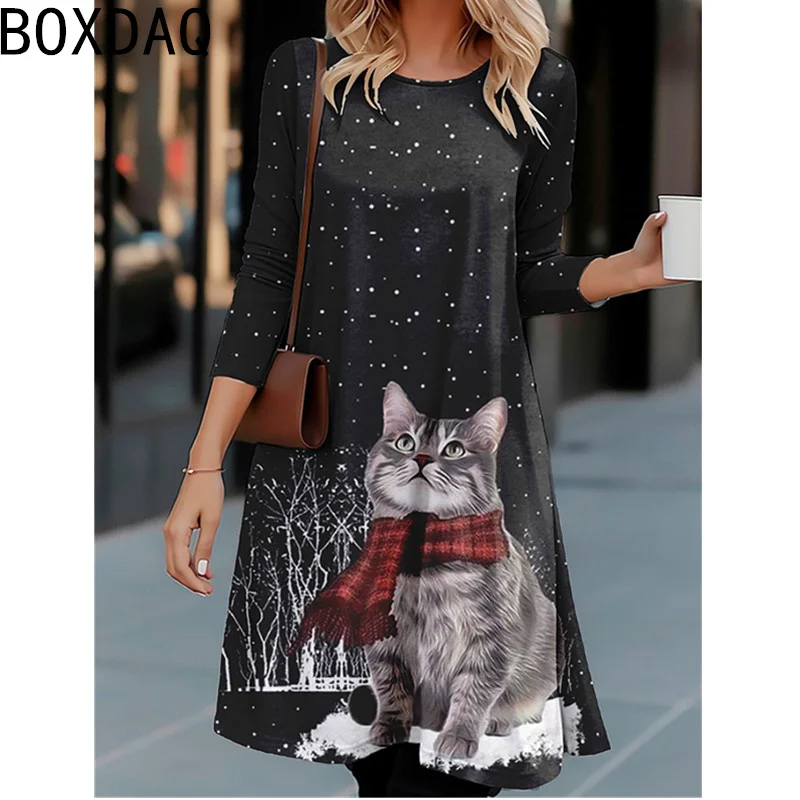 Women Long Sleeve O-Neck Casual A-Line Dress 3D Vintage Funny Cat Printed Dress Big Size 3XL Female Autumn New Dress Vestidos