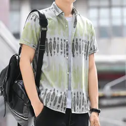 Elegant Fashion Harajuku Slim Fit Ropa Hombre Casual Sport All Match Shirt Pointed Collar Printed Button Short Sleeve Blusa