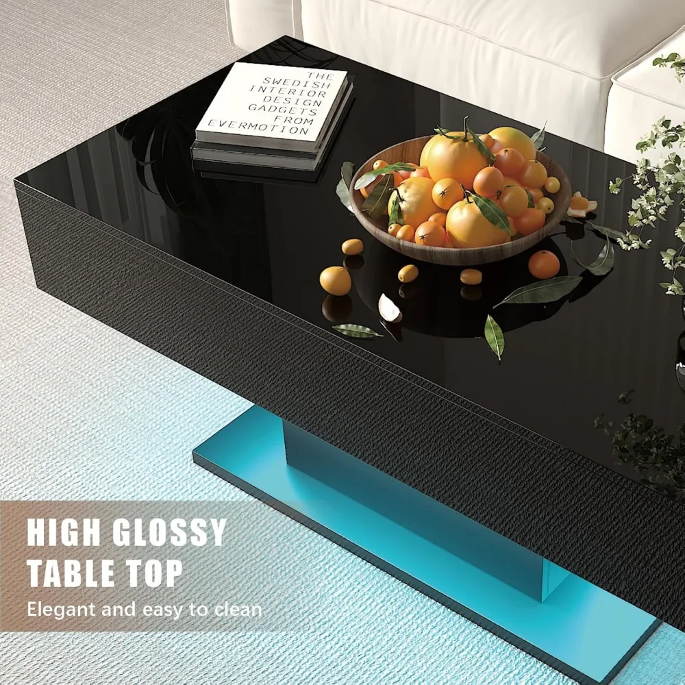 Modern Rectangular High Gloss Coffee Table with Storage Drawers for Living Room, Sleek Center Table in Black Finish