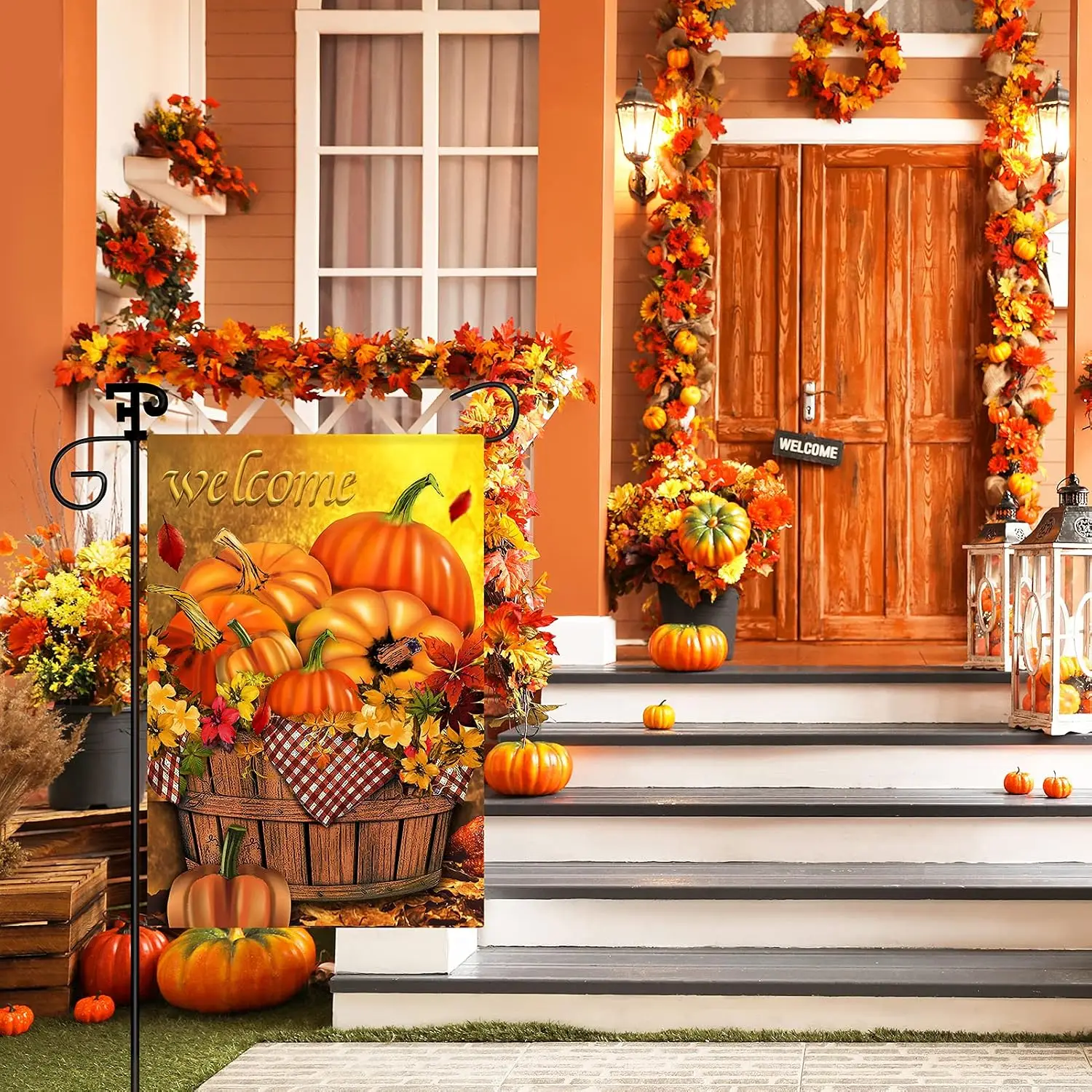 Fall Welcome Thanksgiving Pumpkin Small Garden Flag for Outside 12x18 Inch Vertical Double Sided Leaves Flowers Autumn Burla llp