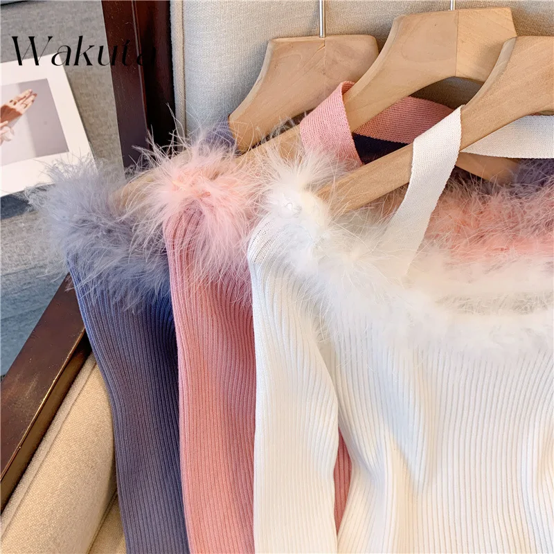 WAKUTA Autumn Winter Chic Hairy Collar Exposed Collarbone Pure Desire Hottie Knit Sweater One-shoulder Slim Tops Female Clothing